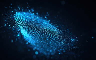 Digital fingerprint illustration glowing in blue light, surrounded by sparkling particles, representing security, identity verification, and technology in a modern context