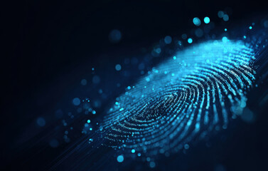 Digital fingerprint illustration with glowing blue particles on a dark background, representing security, identity verification, and technology in a modern context