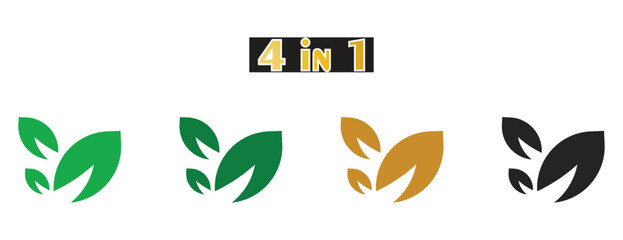 Minimalist Ecology Two Leaves Icon Set, Natural Organic Concept and Green Plant Symbol, Simple Flat Design Vector