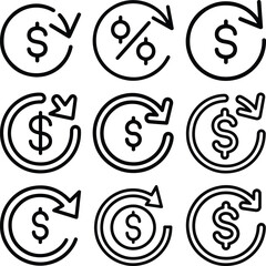 Circular arrows with dollar signs and percentage symbols icons