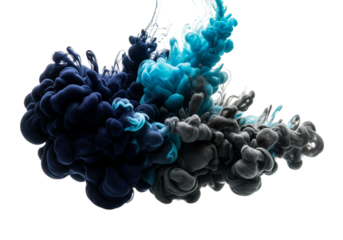 Blue and black ink mixing in water isolated on transparent background creating smoke