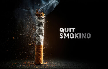 Cigarette with smoke and scattered tobacco particles, symbolizing the message to quit smoking, emphasizing health awareness and lifestyle change for a better future