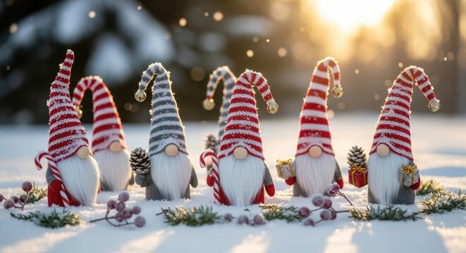 Group of Christmas Gnomes in Snowy Forest Setting winter
