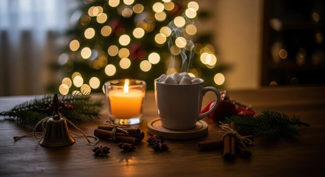 Hot chocolate with marshmallows and cinnamon sticks by candlelight