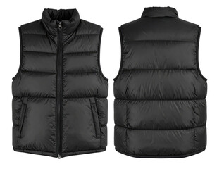 Black puffer vest, front and back views, with a zipper, on a white background, isolated for use in design, ready for compositing