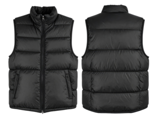 Black puffer vest, front and back views, with a zipper, on a white background, isolated for use in design, ready for compositing