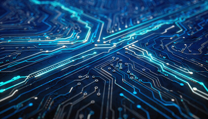 Futuristic Blue Circuit Board with Glowing Lines technology