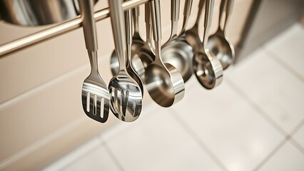 clatter. Stainless steel kitchen utensils falling with metallic reflections and motion trails. menu design, packaging mockups, designed for food delivery and cloud-kitchen brand materials.