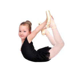 Young girl in ballet pose wearing black tutu and tights