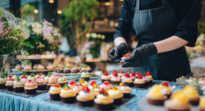 Female baker in black apron and gloves decorates colorful cupcakes with fresh fruits and cream in a vibrant bakery setting, showcasing culinary artistry and creativity