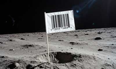 Barcode flag moon. White commercialism symbol planted in lunar crater on desolate surface symbolizing space commodification.