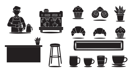 Collection of black silhouette icons for a coffee shop, featuring a barista, espresso machine, pastries like croissants and cupcakes, and various cups