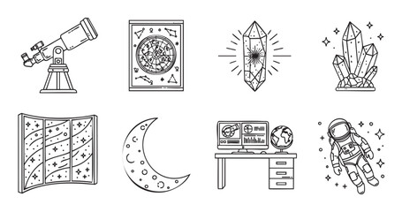 Set of eight minimalist black line art icons , featuring themes of space exploration and astrology with a telescope, astronaut, crystals, and star charts