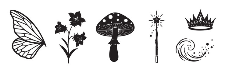 Collection of magical fantasy elements in a simple black graphic style, featuring a fairy wing, toadstool, royal crown, and sparkling wand for enchanting storybook designs