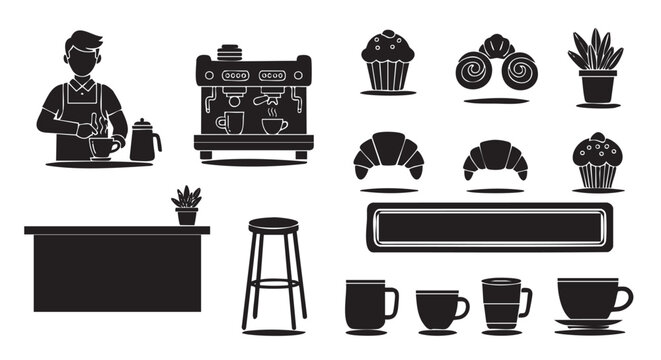 Collection of black silhouette icons for a coffee shop, featuring a barista, espresso machine, pastries like croissants and cupcakes, and various cups