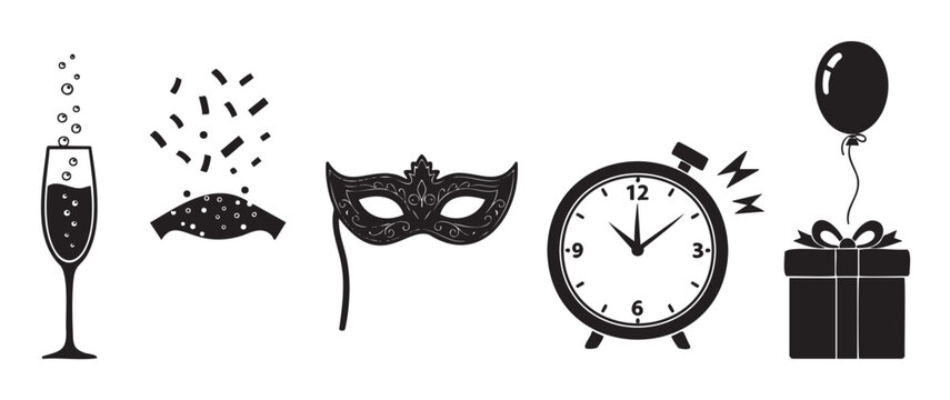 Minimalist black silhouette icon set for a party or holiday celebration featuring champagne, confetti, a masquerade mask, a midnight clock, and a gift with a balloon