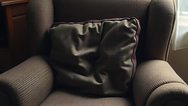 ableism. An old fabric armchair with a sagging seat cushion in warm light. lifestyle magazines, social media lookbooks, designed for lifestyle magazines and social media content, drives engagement.