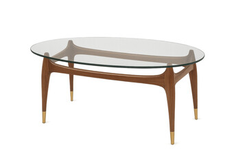 Fototapeta premium Mid-century modern oval coffee table with wooden frame and glass top, featuring elegant design and brass accents