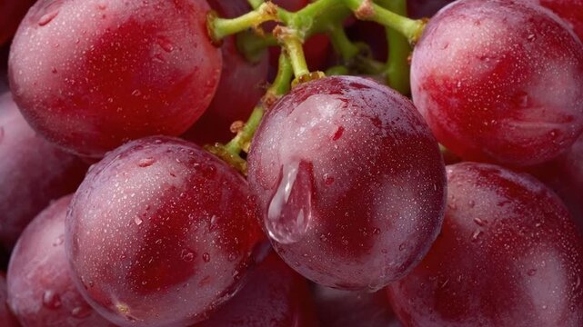 A mesmerizing close-up of a cluster of ripe red grapes, richly adorned with sparkling water droplets. The vivid crimson hues and the delicate sheen of moisture emphasize their freshness and natural pu