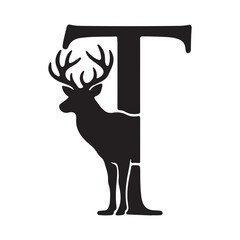 Deer Silhouette with Large Antlers Integrated into Bold Letter T Forming Elegant Wildlife Monogram Emblem