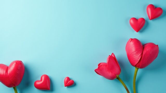 A bouquet of red tulips with heart-shaped decorations on a blue background - Powered by Adobe