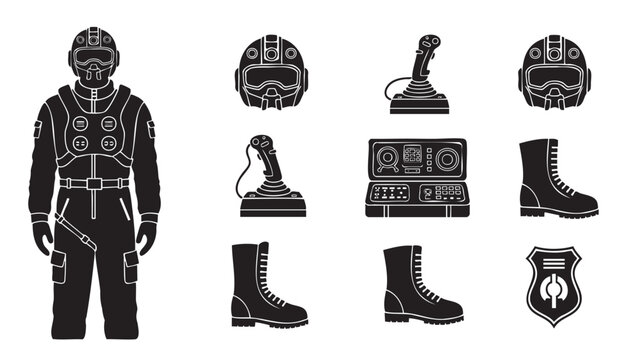 Collection of black silhouette icons representing a military pilot's equipment, including a flight suit, helmet, joystick, boots, and control panel