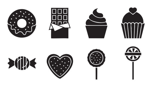 Set of minimalist glyph icons featuring sweet confectionery and dessert items like candy, a chocolate bar, cupcake, and donut, presented as simple black shapes on a clean white backdrop