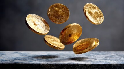 Floating golden coins in mid-air above a textured stone surface, showcasing a sense of wealth and prosperity, with a blurred dark background enhancing the visual impact of the scene