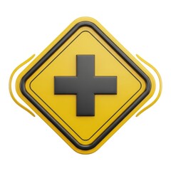 Fototapeta premium A bright yellow diamond shaped warning sign with a bold black cross symbol at its center