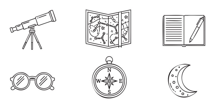 Set of black and white line art icons related to astronomy and exploration, featuring a telescope, star map, compass, notebook, glasses, and moon