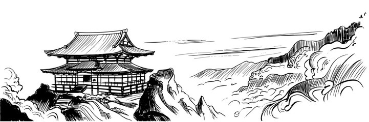 a traditional Japanese mountain temple surrounded by dramatic rocks, swirling clouds, and serene distant peaks.