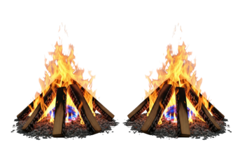 Two campfires burning brightly with flames isolated on transparent background