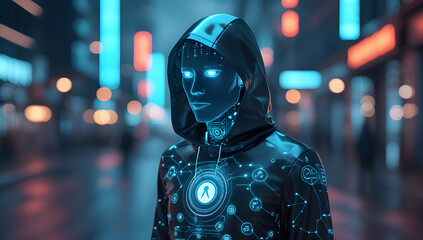 Futuristic digital person in hoodie with glowing technology face.