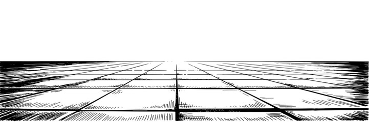 a wide perspective grid extending toward a bright horizon, creating a sense of depth and open space.