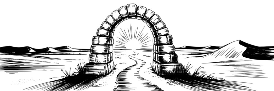 A hand-drawn desert scene featuring a rustic stone archway framing a winding path that stretches toward a bright rising sun on the horizon.
