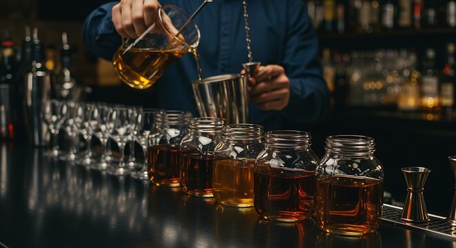 Bartender preparing cocktails in jars on bar counter in warm light