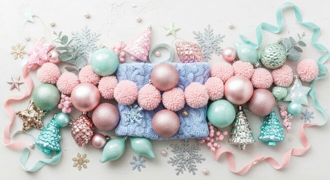 Pastel Christmas Ornaments and Pom Poms Flat Lay pink