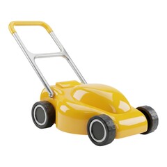 Fototapeta premium A bright yellow toy lawnmower with a silver handle and black wheels against a stark black background