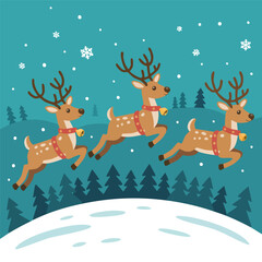 Fototapeta premium Santa's team of magical reindeer flying in formation over a snowy pine forest on a winter night, getting ready for Christmas eve delivery