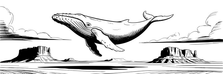 a large whale floating above a desert landscape with mesas, blending nature and fantasy elements.