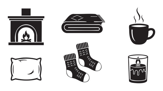 Set of black and white silhouette icons representing cozy winter comfort, including a fireplace, warm blanket, hot drink, socks, pillow, and a burning candle