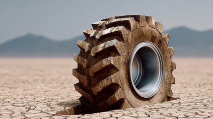 Large rugged tire embedded in cracked dry earth landscape, showcasing resilience and strength, with distant mountains creating a dramatic backdrop in an arid environment