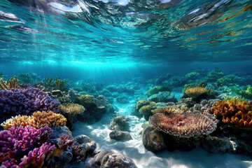 Naklejka premium Vibrant Coral Reef Underneath Clear Blue Water Surface