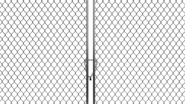 3D Render a metal gate with a stop sign on it