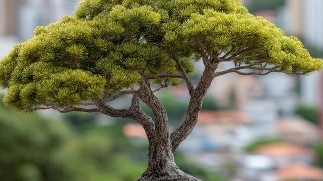 A meticulously cultivated miniature tree, often referred to as bonsai, showcases its vibrant green, needle-like foliage and wonderfully textured, gnarled bark. The tree stands in elegant contrast to t