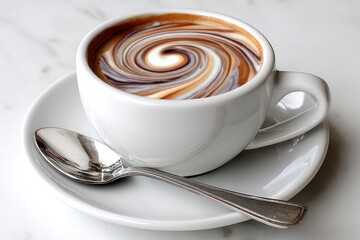 Delicious coffee swirled with cream, displayed in a white cup on a plate, ready to be enjoyed at a cozy cafe