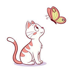 Playful Cute Cat Sitting and Watching a Tiny Creature – Adorable Cartoon Illustration
