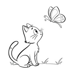 Playful Cute Cat Sitting and Watching a Tiny Creature – Adorable Cartoon Illustration