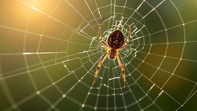 lemuria. A spider mending its intricate web with glistening threads in morning light. wildlife magazines, conservation campaigns, designed for eco-tourism storytelling, used by motion designers.