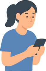Flat illustration of a young woman intently using her smartphone, symbolizing modern digital interaction and contemporary online communication